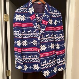 OppoSuits Blue and Red Christmas suit with tie-worn once